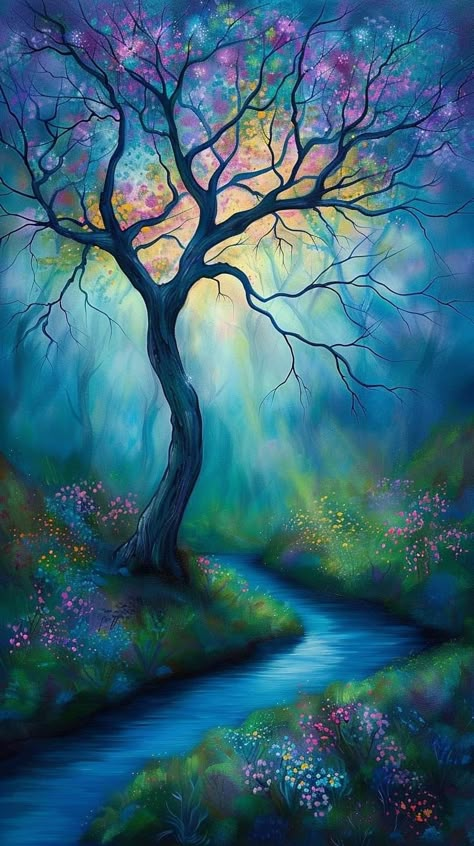 Enchanted Forest Paintings, Magical Tree Painting, Fairy Tree Painting, Dreamy Forest Painting, Magical Forest Acrylic Painting, Simple Art, Paint Job, Beautiful Landscapes, Beautiful Nature