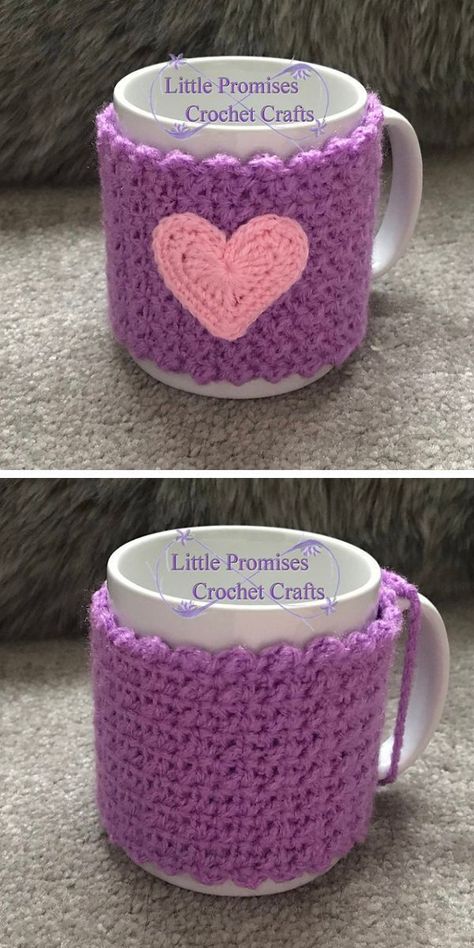 a crocheted mug cozy in purple color How To Crochet A Cup Cozy, Crochet Mug Cozy With Handle, Crochet Mug Sleeve Free Pattern, Cute Crochet Cup Cozy, Easy Mug Cozy Crochet Pattern, Coffee Mug Wrap Free Crochet, Cup Koozies Crochet, Crocheted Coffee Cozy Pattern Free, Crochet Mug Cosy Free Pattern