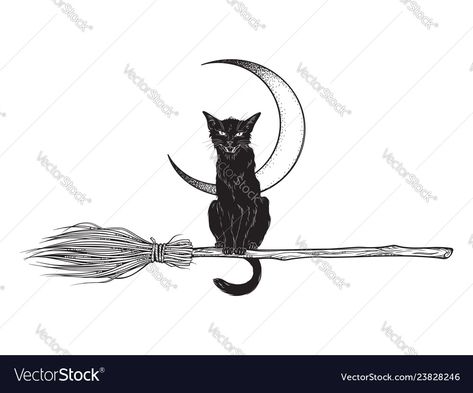 Magic Vehicle, Cat Flash Tattoo, Broom Magic, Witchy Tattoos, Blush Pink Nails, Witch Hands, Witch Tattoo, Flash Tattoo Designs, Custom Tattoo Design