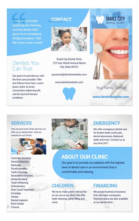 A professional tri-fold brochure great for dental clinics and is printed ready-to-fold. It has sections where you can write about your dentist services, testimonials, description about your clinic practice, contact information, dental financing plans, pediatric dentistry and more. All images are editable. A customizable dentist brochure template. Dental Clinic Brochure, Dental Brochure Design, Dental Presentation, Dental Brochure, Dokter Gigi, Dental Posts, Clinic Interior, Clinic Interior Design, Family Dentist