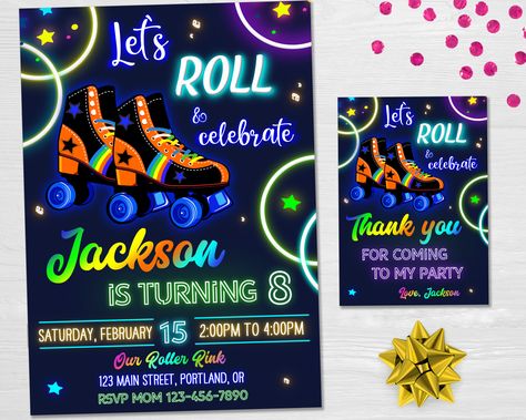 Roller Skate Invitation Skate Invite Roller Skate Party | Etsy Disco Party Invite, Neon Disco Party, Roller Skate Invitations, Roller Skating Party Invitations, Police Birthday Invitations, Skate Invitations, Roller Skating Birthday Invitations, Neon Disco, Roller Skate Birthday