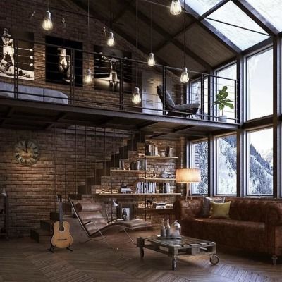 New York Loft Aesthetic, Ceiling Library, Interior Design Loft Style, New Yorker Loft, Loft Aesthetic, Loft Style Living, Industrial Bedroom Design, Salas Living Room, Industrial Loft Design