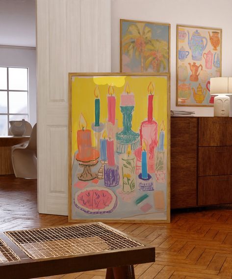 Colorful Trendy Wall Art, Kitchen Decor, Aesthetic Dining Room Decor, Trendy Decor, Dopamine Decor, Maximalist Wall Art, Cottage Core Art    This artwork features a whimsical array of candles with lively flames, each with its own distinct holder, ranging from classical to contemporary designs. Set against a bright yellow background, the candles and holders are rendered in a palette of pastel colors. The composition creates a celebratory and cozy atmosphere, with a playful take on the traditional Modern Wall Art Colorful, Color Palette Maximalist, Living Room Decor Maximalist, Bright Room Aesthetic, Aesthetic Dining Room, Kitchen Decor Aesthetic, Room Decor Trendy, Cottage Core Art, Colorful Wall Decor