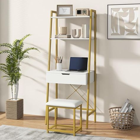 4 Storage Compartments, Open Shelves, Girls Dressing Table for Small Space (White & Gold) Ladder Vanity, Vanity For Small Bedroom, Tiny Vanity Ideas, Small Vanity Ideas, Dressing Table For Small Space, Girls Dressing Table, Small Makeup Vanities, Ladder Desk, Apt Decor