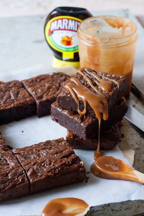 Salty & Sweet Marmite Chocolate Fudge Brownies | Treets Marmite Recipes, Best Ever Brownies, Nutella Ganache, Salted Caramel Brownies, Chocolate Fudge Brownies, Caramel Brownies, Caramel Recipes, Fudge Brownies, Chocolate Fudge