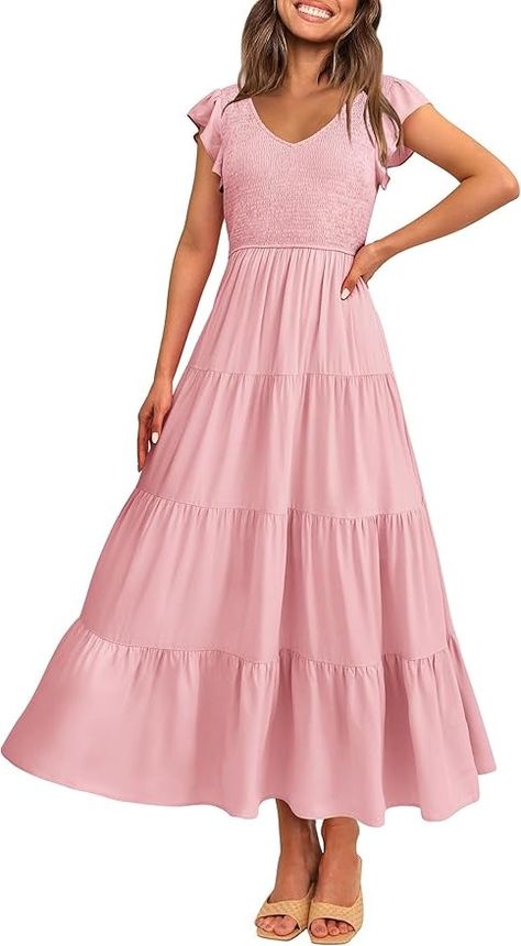 PRETTYGARDEN Women's Summer Flowy Maxi Dress Casual Cap Sleeve V Neck Smocked Beach Sundress (Solid Pink,Large) at Amazon Women’s Clothing store Long Flowy Dress, Maxi Dress Casual, Holiday Dresses Women, Cake Dress, Women's A Line Dresses, Street Dress, Sandy Shores, Flutter Dress, Tiered Ruffle Dress