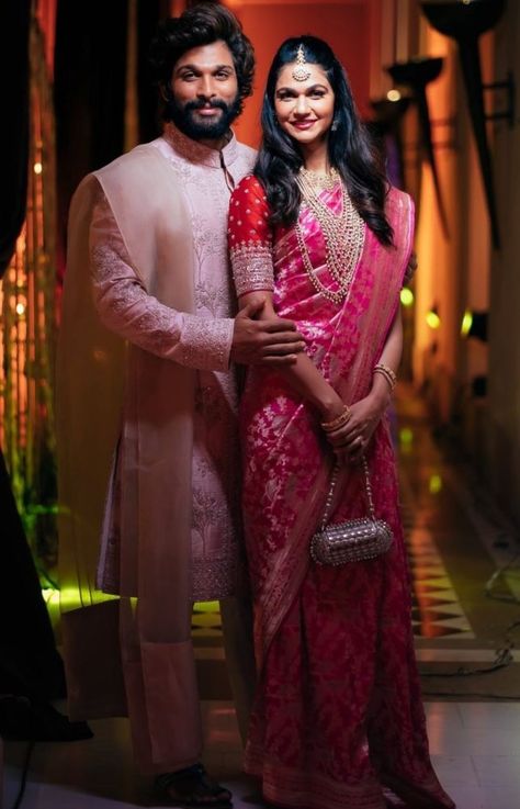 Niharika Konidela Wedding, Allu Arjun And Sneha Reddy, Alu Arjun, Pink Sherwani, Niharika Konidela, Sneha Reddy, Wedding Matching Outfits, Wedding Kurta, Indian Wedding Poses