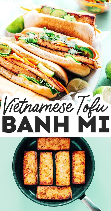 This easy vegan Tofu Banh Mi Sandwich has it all, lemongrass tofu, sriracha mayo, and quick pickled veggies for crunch! It's a healthy vegetarian lunch recipe that's perfect for bringing to school or work. Quick Pickled Veggies, Tofu Banh Mi, Lemongrass Tofu, Healthy Vegetarian Lunch, Banh Mi Sandwich, Vegetarian Recipes Lunch, Quick Pickled, Sriracha Mayo, Vegan Tofu