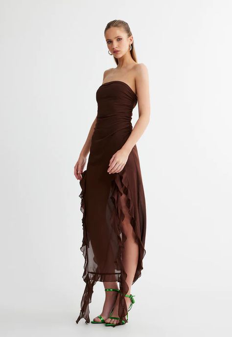 Dresses – L I O N E S S Chiffon Midi Dress, Strapless Midi Dress, Brown Silk, Fairy Dress, Bcbgmaxazria Dresses, Slim Dresses, Dress Cover, Red Mini Dress, Flowy Dress