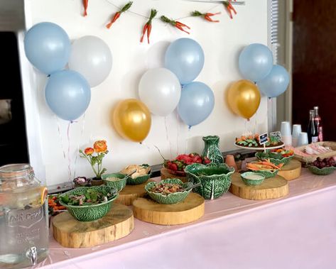 Garden First Birthday Party, Garden First Birthday, Peter Rabbit Theme Party, Peter Rabbit Plush, Nacho Bar, Peter Rabbit Party, Crepe Paper Streamers, Food Buffet, Carrot Cupcakes