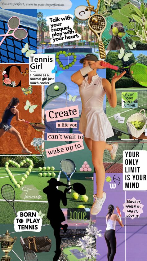 Me and my tennis life 🎾💕 #tennis #tennisgirl #myfirstshuffle #tennisaesthetic #tennisinspo Tennis Collage Wallpaper, Tennis Asethic, Tennis Tournament Aesthetic, Tennis Vision Board, Tennis Posters High School, Aesthetic Tennis Pictures, Playing Tennis Aesthetic, Tennis Wallpaper Aesthetic, Tennis Aesthetic Wallpaper