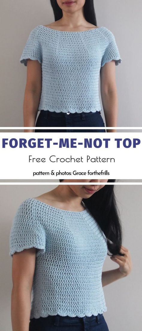 Forget-Me-Not Top Free Crochet Pattern Crochet Top Dress, Crochet Top Outfit, Crochet Ladies Tops, Handmade Shirts, Crochet Tops Free Patterns, Crochet Summer Tops, Crochet Wool, Blue Crochet, Crochet Dress Pattern