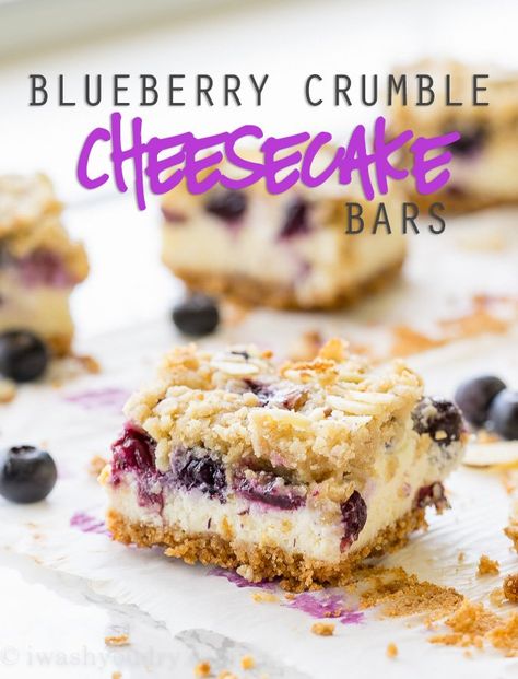 These Blueberry Crumble Cheesecake Bars combine all of my favorites into one super easy dessert recipe! So good! Blueberry Crumble Cheesecake, Crumble Cheesecake, Oat Crumble Topping, Blueberry Cheesecake Bars, Brown Sugar Cakes, Super Easy Desserts, Fruit Crumble, Cheesecake Bar Recipes, Dessert Recipies