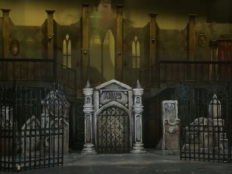 Addams family set, cemetery Addams Family Set Ideas, Addams Family Stage Design, Adams Family Musical Set, Addams Family Musical Aesthetic, Gothic Theatre Set Design, The Addams Family Musical Set, Addams Family Musical Set Design, Addams Family Musical Props, Addams Family Props