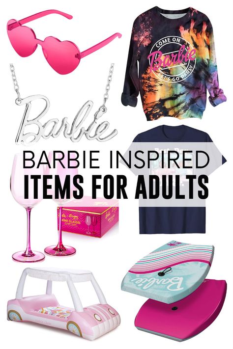 Collage of Barbie inspired items for adults including clothes and home decor. Barbie Gifts For Adults, Barbie Gift Ideas, Pink Peacoat, Barbie Gifts, Red Corvette, Movie Pins, Barbie Hat, Barbie Theme, Barbie Dream