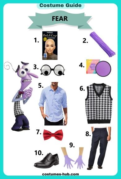 Fear Inside Out Costume Fear Halloween Costume Inside Out, Inside Out 2 Family Costume, Fear Inside Out Outfit, Inside Out Fear Costume, Makeup To Recreate, Fear Inside Out Costume, Lavender Suit, Pointy Nose, Inside Out Costume