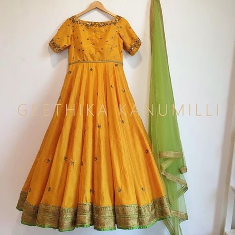 No photo description available. Geethika Kanumilli, Pink Color Lehenga, Kali Dress, Floral Long Frocks, Long Frocks For Girls, Kalamkari Dresses, Mirror Work Blouse Design, Color Floor, Long Frock Designs