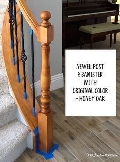 Java Gel Stain Staircase, Gel Stain Stair Rail, Gel Stain Stairs Treads, Gel Stain On Stair Treads, Honey Oak Staircase Makeover, Gel Stain Colors On Oak, Gel Stain Stairs, Gel Stain Staircase, Gel Stain Over Honey Oak