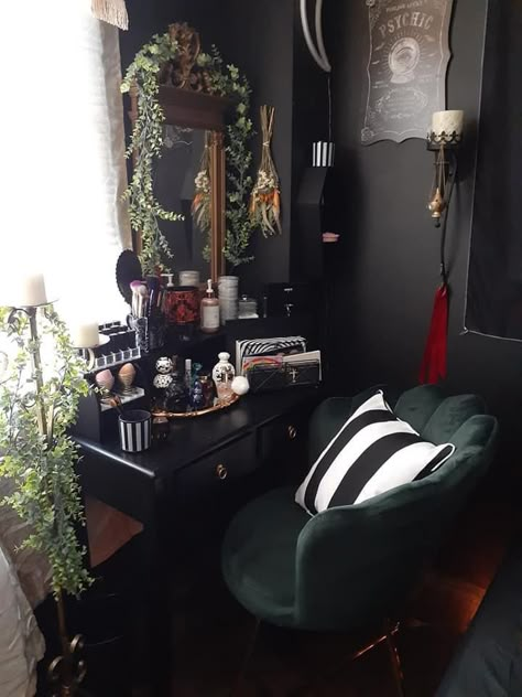 Maximalist Bedroom Aesthetic Dark, Black And Dark Green Home Decor, Moody Beauty Room, Maximalist Vanity Room, Rocker Home Decor, Moody Bedroom Vanity, Dark Makeup Room, Gothic Home Office Ideas, Tropigoth Decor