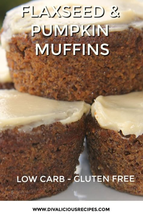 A batch of flaxseed pumpkin muffins make a healthy breakfast or a snack on the go.  Low carb and gluten free these are a great way to start the day.  #pumpkin #lowcarb #glutenfree #muffins #flaxseed Keto Cupcake Recipes, Muffins Pumpkin, Low Carb Cupcakes, Recipes Pumpkin, Pumpkin Loaf, High Protein Desserts, Postre Keto, Low Carb Muffins, Flax Seed Recipes