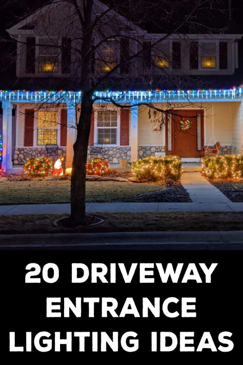 Driveway Entrance Lighting Ideas Entrance Lighting Ideas, Driveway Lighting Ideas, End Of Driveway Ideas Entrance, Entrance Landscaping, Driveway Entrance Landscaping, House At Night, Copper Light Fixture, Starburst Chandelier, In-ground Lights