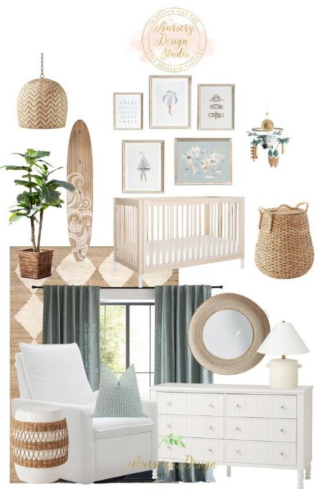 Gorgeous coastal gender neutral nursery design with sage green Nursery Layout, Tiny Nursery, Nursery Accents, Coastal Nursery, Nursery Accent Wall, Simple Nursery, Nursery Dresser, Minimalist Nursery, Primary Suite