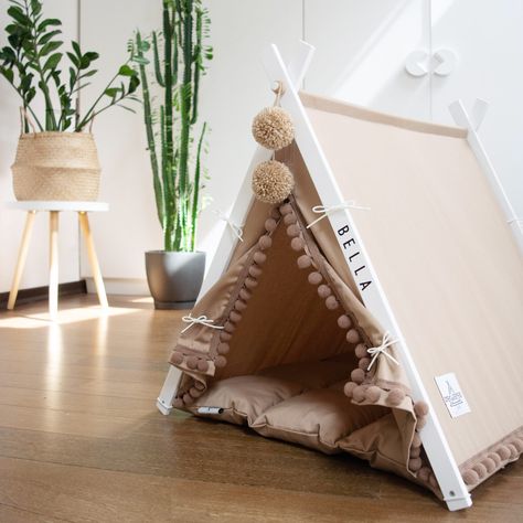 Boho Beige dog teepee bed| Dog And Teepee Dog Playpen Indoor, Dog Teepee, Pet Teepee, Teepee Bed, Tipi Tent, Dog Playpen, Bed Dog, Cozy Dog, Beige Boho