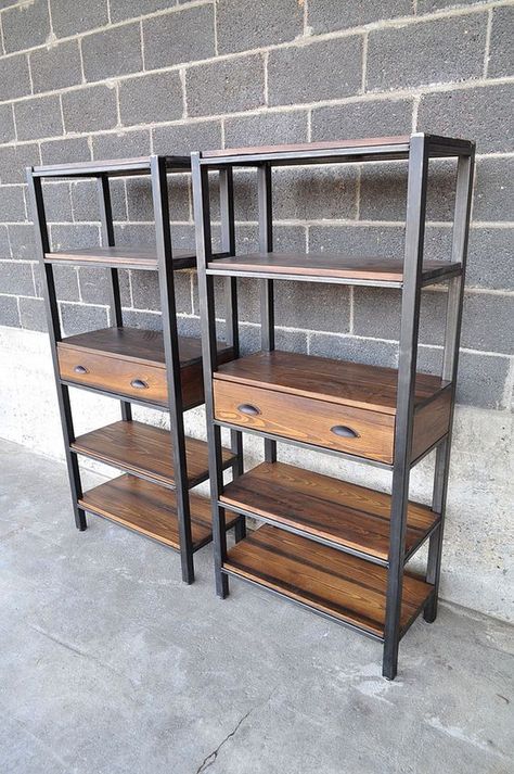 65 H x 30x 15 steel and stained cypress book shelves with drawers. Dark Wooden Furniture, Cool Welding Projects, Welded Furniture, Diy Welding, Vintage Industrial Furniture, Into The Wood, Metal Welding, Shelving Units, Creative Furniture