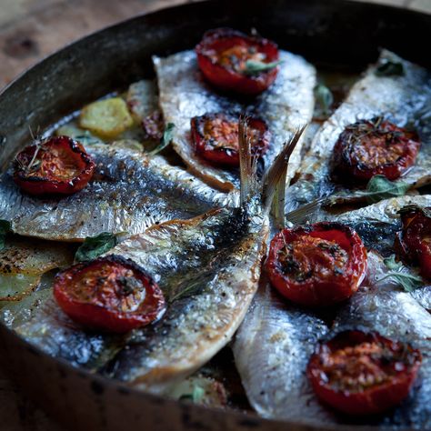 Fresh sardines are a real treat and pan-roasted in the oven like this � rather than grilled � you won�t fill your house with strong fishy smells. Fresh Sardines, Potato Tart, Thai Food Photography, Grilled Sardines, Oven Roasted Tomatoes, Slow Roasted Tomatoes, Tomatoes Recipe, Pig Roast, Celebrity Chef