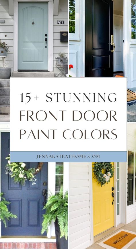 Boost your home's curb appeal with these fun and bold front door colors! Whether you have a tan house or a white house, choosing the best paint colors for the front door can make a simple yet powerful statement. From popular sunny yellows to deep, dramatic blues, these options are all about making your front door the focal point. Front Door Colors With Blue House, Paint Front Door Diy, Popular Blue Paint Colors, Popular Front Door Colors, Bold Front Door Colors, Bold Front Door, Front Door Paint, Best Front Door Colors, Tan House