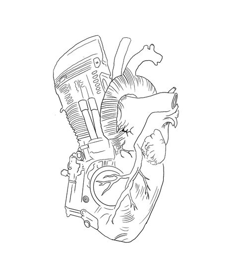 Motorcycle Heart Tattoo, Tree Heart Tattoo, Motor Tattoo, Big Cat Tattoo, Tree Heart, Bike Drawing, Inspiration Tattoos, Brain And Heart, Puff And Pass