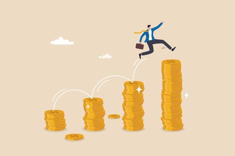 Pay raise salary increase, wages or income growth, investment profit and earning rising up, career development or wealth management concept, happy businessman jumping on rising money coin stack. Salary Increase, Pay Rise, Pay Raise, Finances Money, Logo Banners, Cityscape Photos, Wealth Management, Career Development, Business Man