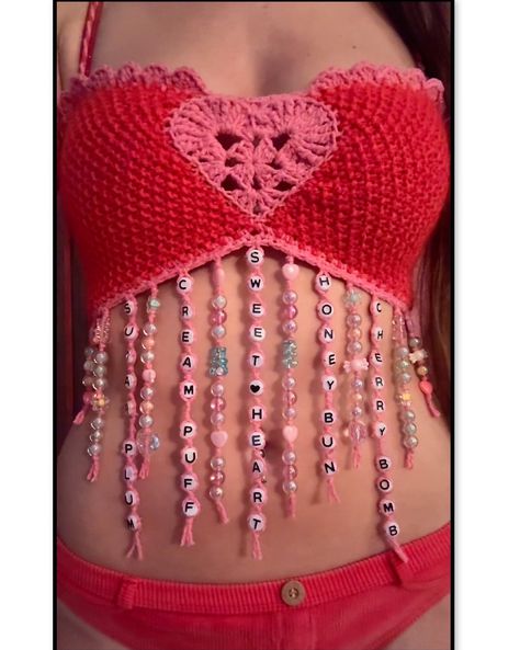 Sugar Queen Top Red/pink Handmade Crochet Beaded Top Silk Cotton Mohair Made in Canada - Etsy Canada Cute Pink Crochet Ideas, Beaded Crochet Top, Crochet Top With Beads, Crochet Star Top, Crochet Rave, Bored List, Pink Crochet Top, Red Crochet Top, Easy Diy Clothes