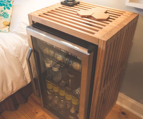 End Table With Built in Fridge End Table Mini Fridge, Mini Fridge Table Diy, Fridge Wood Cover, Mini Fridge End Table, Mini Fridge Cover Diy, Mini Fridge Side Table, Bedroom Fridge Cabinets, Table Over Mini Fridge, Creative Ways To Hide Mini Fridge