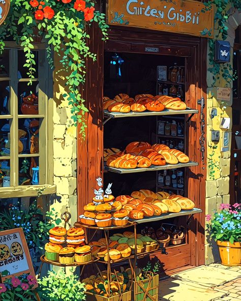 A scene of fresh pastries and bread being taken of the oven in a Ghibli inspired village coffee shop. The air is filled with a delightful aroma. The ship has a rustic village kitchen feel... - ✫ ━━━━━∙⋆⋅⋆∙━━━━━ ✫ Follow ➠ @tech4vinay.ai and Tap notification 🔔 ✫ ━━━━━∙⋆⋅⋆∙━━━━━ ✫ - #ghiblivillage, #fanatasyworld #ailove #aiart #aiartcommunity #visionartai #stablediffusionai #midjourney #aitrend #tech4vinay #NatureHarmony #ScenicJourney #BeautifulViews #ExploreNature #AdventureLife #PeacefulPlaces Ghibli Inspired Kitchen, Studio Ghibli Kitchen, Village Kitchen, Village Coffee, Fresh Pastries, Bread Shop, Global Village, Blanket Ideas, Peaceful Places