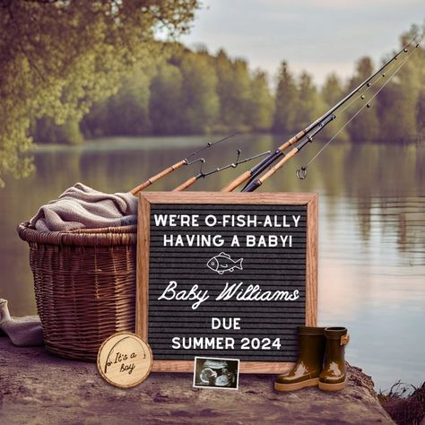 The cutest fishing pregnancy announcement perfect for anyone who loves the outdoors, camping, and nature. Floral pregnancy announcement idea that you can copy or easily customize. Cute ideas for a pregnancy announcement for family, friends, grandparents, and social media. Unique and simple pregnancy announcement to personalize. Lake Baby Announcement, Pregnancy Announcement Outdoorsy, Camping Baby Announcement, Outdoor Pregnancy Announcement, Fishing Baby Announcement, Hunting Baby Announcement, Hunting Pregnancy Announcement, Fishing Pregnancy Announcement, Pregnancy Scan