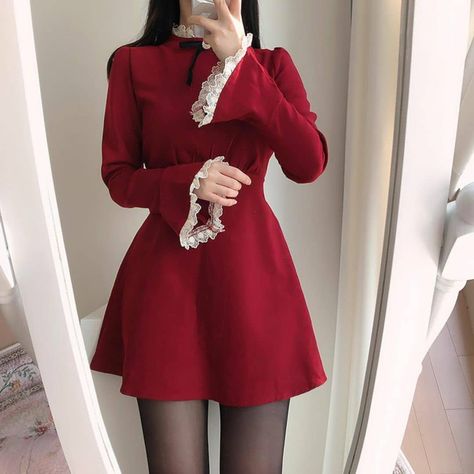 Dark Red Outfit Casual, Red Korean Outfits, Dark Academia Party Outfit, Vintage Red Outfit, Red Outfit Korean, Vest Dark Academia, Red Outfit Casual, Girly Korean, Anime Cottagecore