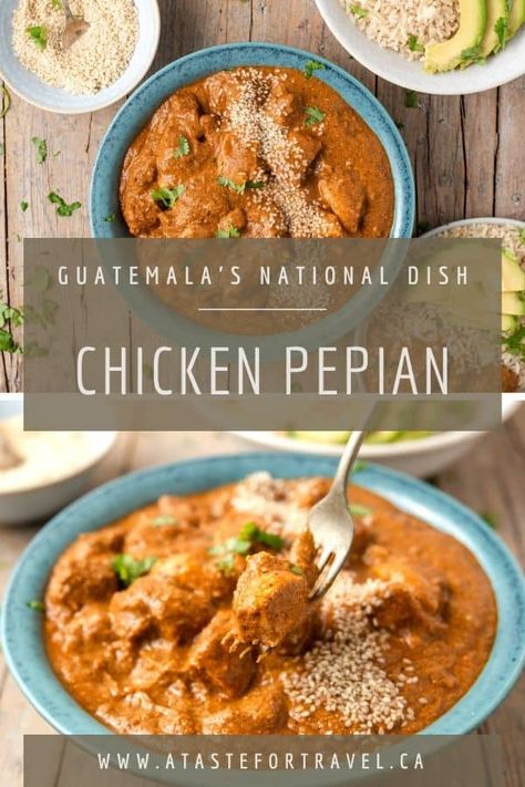 For an authentic taste of Guatemala, try this Pepián de Pollo recipe. Considered the national dish of Guatemala it is made of chicken bathed in a lightly spicy sauce of tomatoes, pumpkin and sesame seeds, chiles and vegetables. It's the perfect comfort food #Guatemala #chicken Spicy Chicken Stew, Guatamalan Recipes, Achiote Chicken, Pollo Recipe, Guatemalan Recipes, Fantastic Recipes, Spiced Chicken, National Dish, Chicken Spices