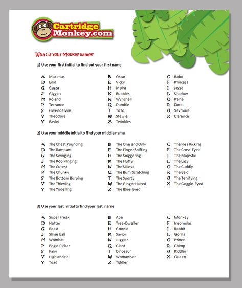 What's Your Name Chart | What’s your Monkey Name.....OMG Enid the lazy womanizer Funny Name Generator, What Is My Name, Monkey Names, Magical Stuff, What's Your Name, Ancient Runes, Name Game, Writing Notes, Name Games