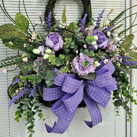 Front Double Door, Front Door Living Room, Hanging Greenery, Door Living Room, Lavender Eucalyptus, Purple Peonies, Double Front Doors, Easter Bunny Wreath, Bunny Decor