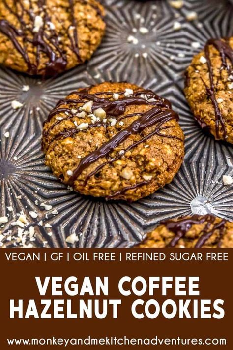 Slightly chewy with crisp edges, these gluten free Vegan Coffee Hazelnut Cookies are coffee heaven in cookie form. #wholefoodplantbased #vegan #oilfree #glutenfree #plantbased | monkeyandmekitchenadventures.com Wfpb Cookies, Healthy Bakes, Vegan Bars, Sweet Biscuits, Monkey And Me Kitchen Adventures, Monkey And Me, Vegan Coffee, Mocha Cookies, Hazelnut Cookies