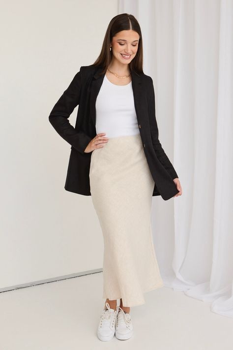 A fresh take on the classic bias midi skirt, the RE: Union skirt features self-covered buttons and 100% soft linen. A perfect transition piece from work to date night, this stunning skirt can easily be dressed up for any occasion. - Bias cut- Elasticated waist- 100% Linen Cream Skirt Outfit, Linen Skirt Outfit, Black Jacket Outfit, Cream Skirt, Tiered Mini Skirt, Ruched Maxi Dress, Strappy Mini Dress, Tiered Maxi Skirt, Fitted Midi Dress