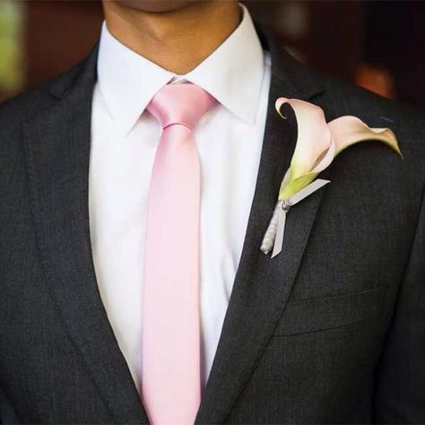 Black Suit Pink Tie Prom, Black Suit With Pink Tie, Pink Prom Suit, Pink Groomsmen, Lily Boutonniere, Calla Lily Boutonniere, Grooms Attire, Formal Ideas, Prom Suits For Men