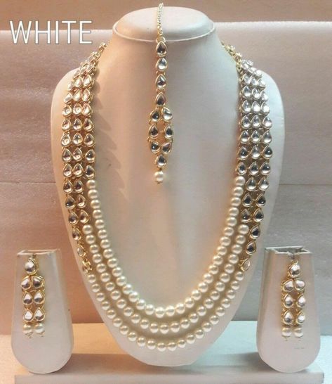 Pearl Kundan Multi Strands Gold Plated Indian Traditional Wedding Jewelry Set Pearl Layered Necklace, Mang Tika, Traditional Wedding Jewellery, Pengantin India, Fancy Jewelry Necklace, Kundan Jewelry, Pearl Jewelry Design, Pearl Necklace Designs, Beaded Necklace Designs