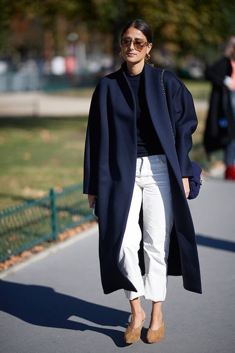 Eight 3-Piece Outfit Formulas to Put on Rotation This Fall #purewow #outfit ideas #style #fall #fashion Navy Coatigan Outfit, Navy Coats Outfit, White Jeans Navy Sweater, Navy Color Outfit, Navy Oversized Coat, Navy Trench Coat Outfit Fall, Blue Navy Coat Outfit, Navy Cashmere Sweater Outfit, Blue Moto Jacket Outfit