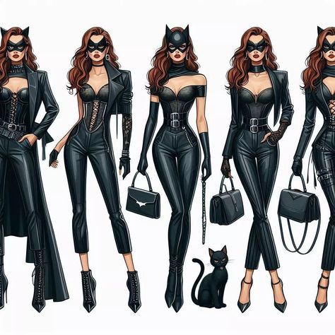 Wardrobe Capsule: Halloween ideas - Catwoman, Cinderella, Maleficent. #sinillustrated Catwoman Suit Design, Catwoman Style, Catwoman Suit, Catwoman Costume, Wardrobe Capsule, Fandom Outfits, Cat Woman Costume, Suit Design, Suit Designs