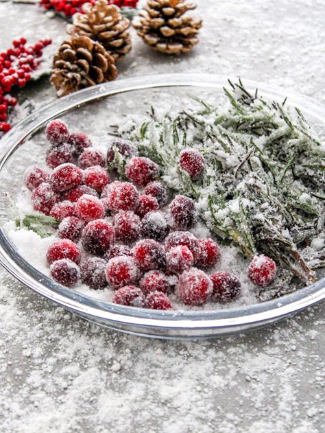 Sugared Berries How To Make, Sugared Rosemary And Cranberries, How To Sugar Rosemary, Salty Christmas Food, Cheesecake With Sugared Cranberries, How To Sugar Cranberries, How To Candy Cranberries, Sugar Coated Cranberries Holidays, Christmas Cranberry Decor