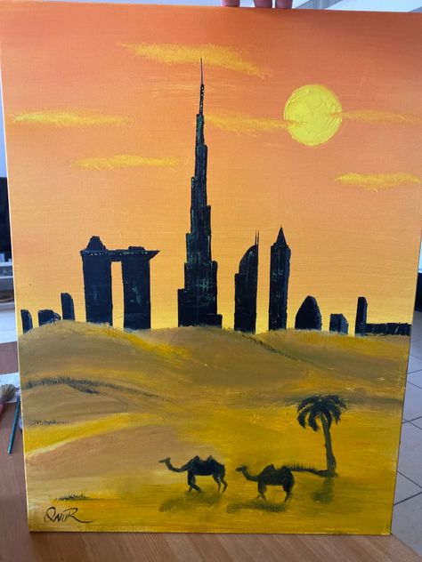 Oil painting on canvas burj khalifa desert camel sunset dubai Uae Landscape Painting, Uae Painting, Uae Landscape, Dubai Desert, Desert Painting, Nature Art Painting, Landscape Painting, Landscape Art, Nature Art