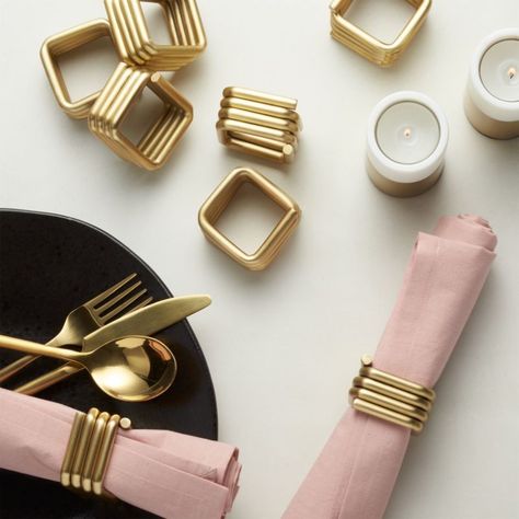 Free Shipping. Shop Hip Square Napkin Rings Set of 8. Solid round stainless steel rod is bent, polished and plated brass by hand. Nicely weighted and substantial in hand, napkin rings rest squarely on table to keep linens in line. CB2 exclusive. Modern Napkin Rings, Gingham Napkins, Gold Napkin Rings, Napkin Rings Diy, Modern Kitchen Tables, Modern Placemats, Gold Napkins, Metal Napkin Rings, Linen Cocktail Napkins