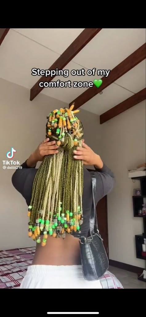 Green And Black Knotless Braids With Beads, Small Knotless Box Braids With Beads, Protective Summer Hairstyles Black, Unique Protective Hairstyles, Peek A Boo Box Braids, Bunny Fursona, Box Braids Knotless, Protective Style Braids, Braiding Hair Colors